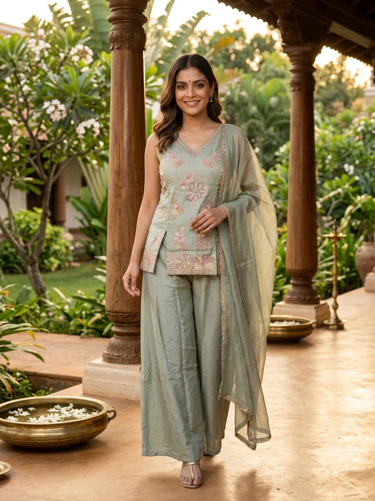 Sage Green Floral Embroidered Tissue Silk Sharara Set