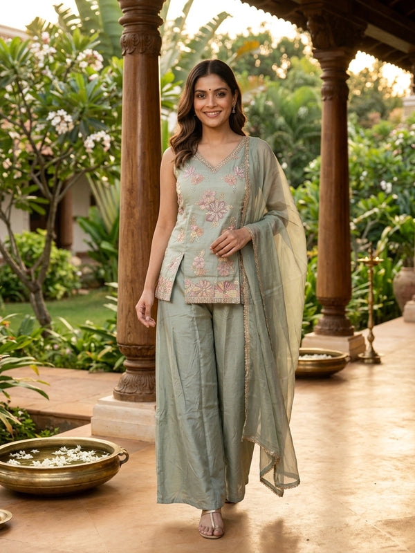 Sage green floral embroidered tissue silk straight cut kurti set with flared palazzo and dupatta