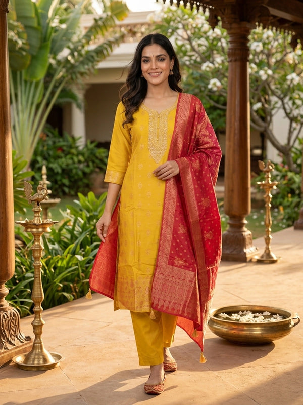 Mustard yellow zari woven silk straight cut kurti set with red woven dupatta and matching straight pants