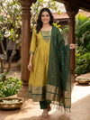 Mustard Green Zari Woven Cotton Silk Anarkali Kurti Set