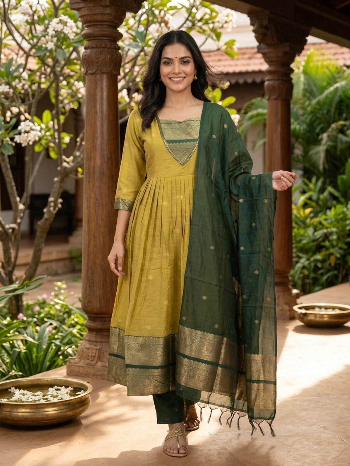 Mustard and green zari woven cotton silk Anarkali kurti set with contrast V-yoke and green dupatta