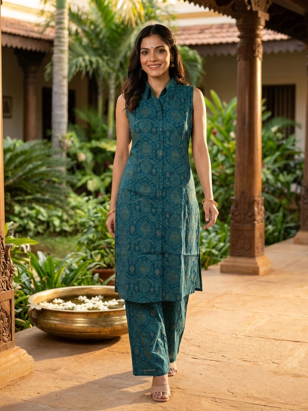 Teal cotton printed sleeveless collared co-ord kurti set with matching palazzo pants