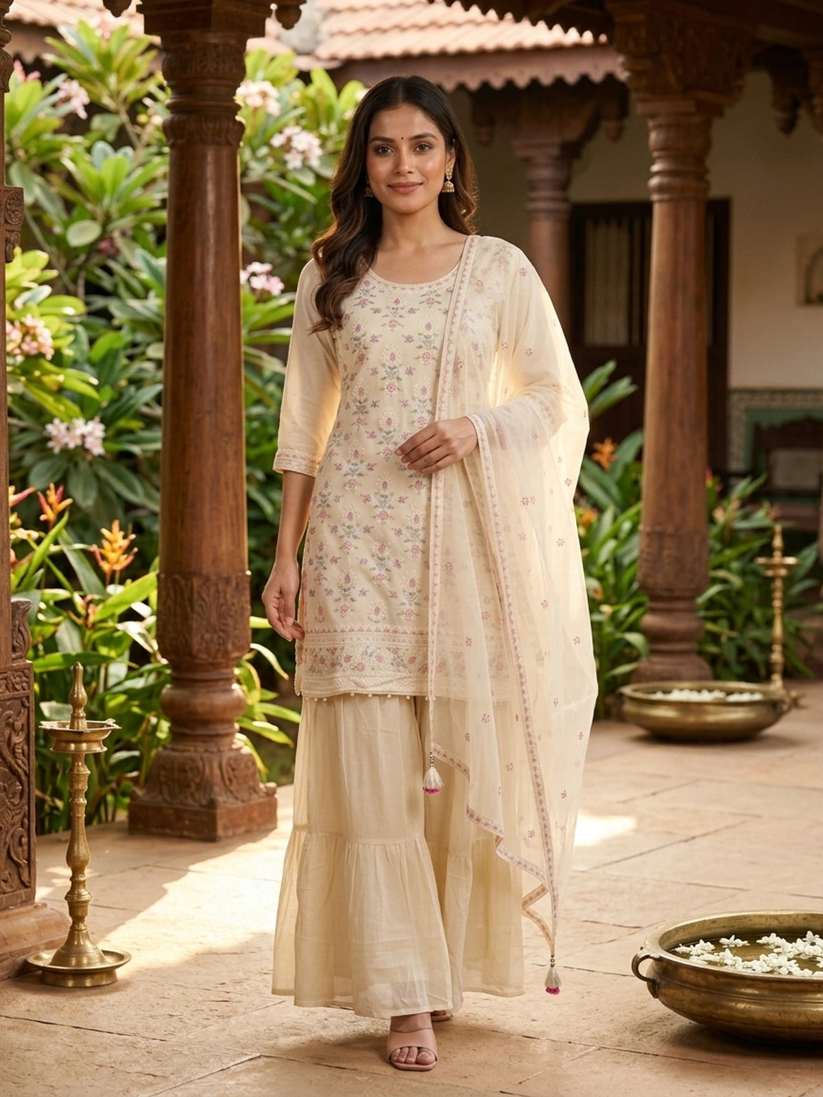 Cream multicolour floral embroidered straight cut kurti sharara set with net dupatta
