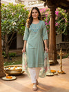 Sea Green Embroidered Yoke Straight Cut Top