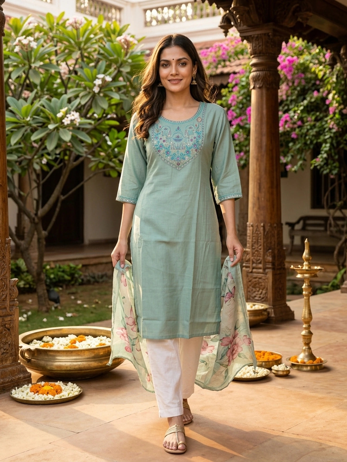 Sea Green embroidered yoke straight cut kurti top with 3/4th sleeves
