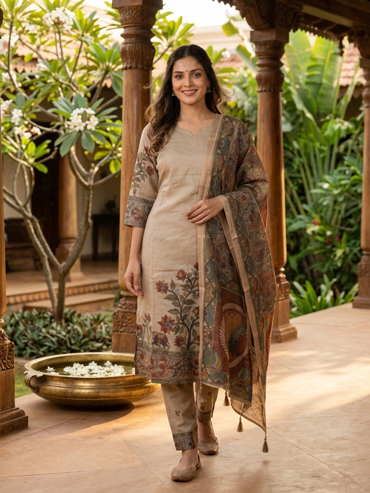 Beige Kalamkari Printed Cotton Straight Cut Kurti Set