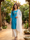 Teal Blue Peacock Embroidered Cotton Silk Anarkali Top