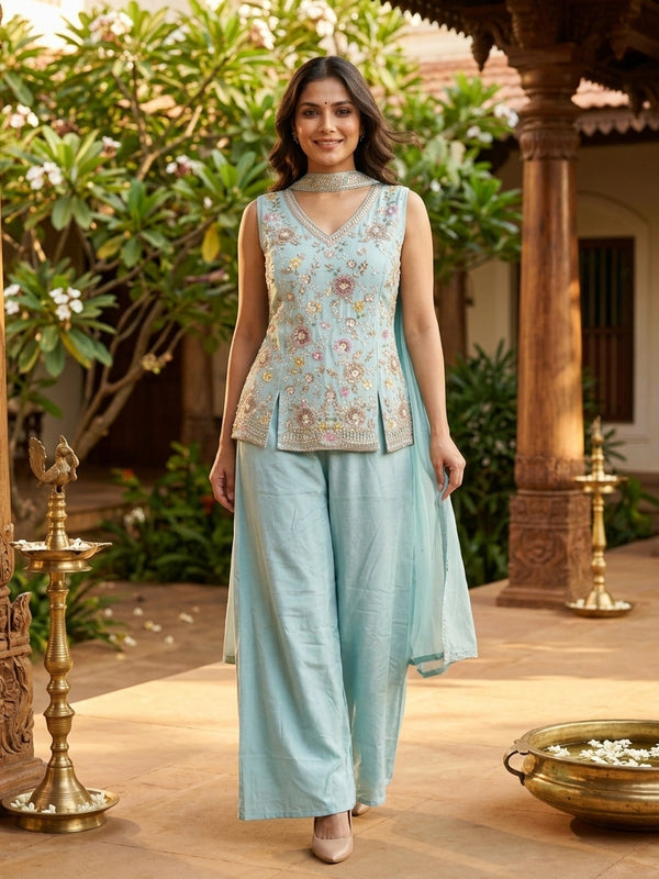 Aqua Blue floral embroidered art silk sleeveless straight cut kurti set with palazzo pants