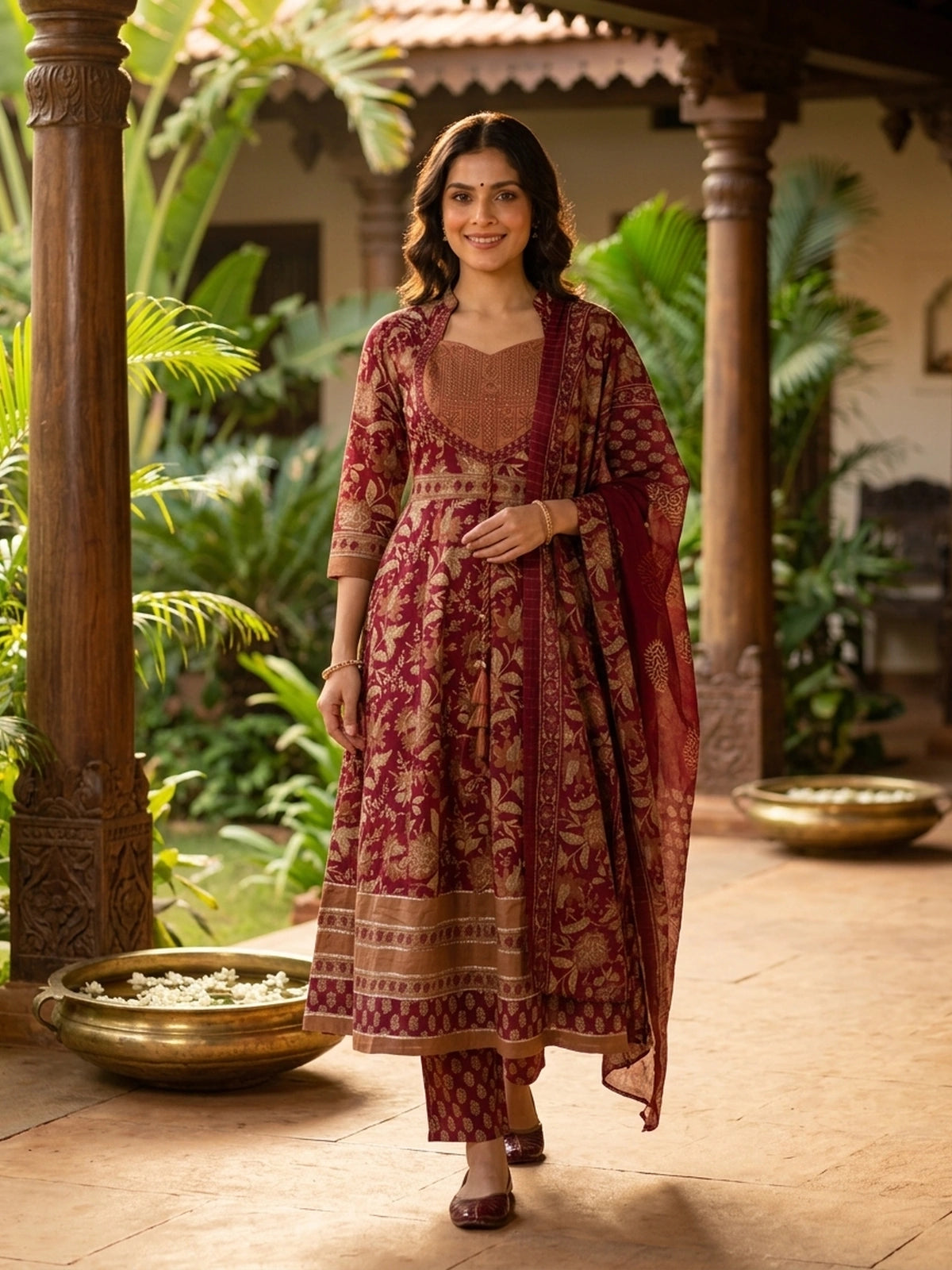 Maroon floral print cotton Anarkali kurti set with mirror work yoke, pants and dupatta