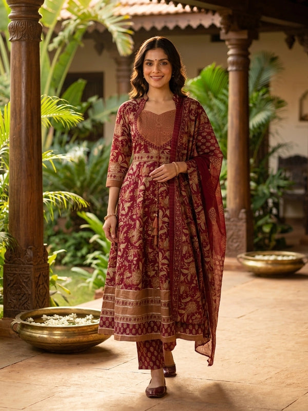 Maroon floral print cotton Anarkali kurti set with mirror work yoke, pants and dupatta