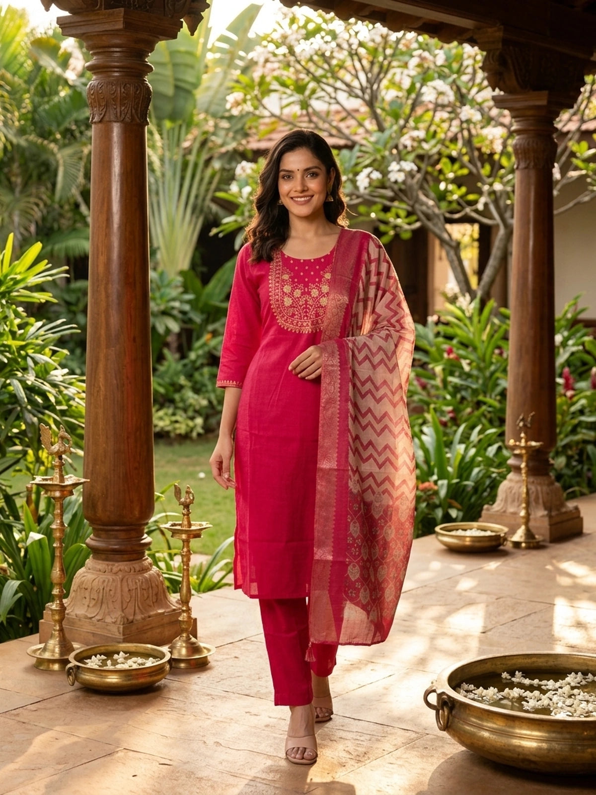 Rani Pink Zari Embroidered Straight Cut Kurti Set