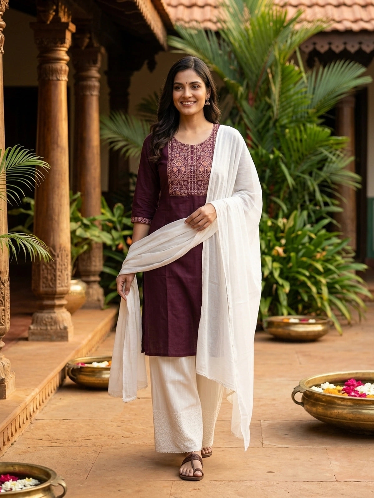 Wine cotton Anarkali kurti top with gold and copper zari embroidered yoke