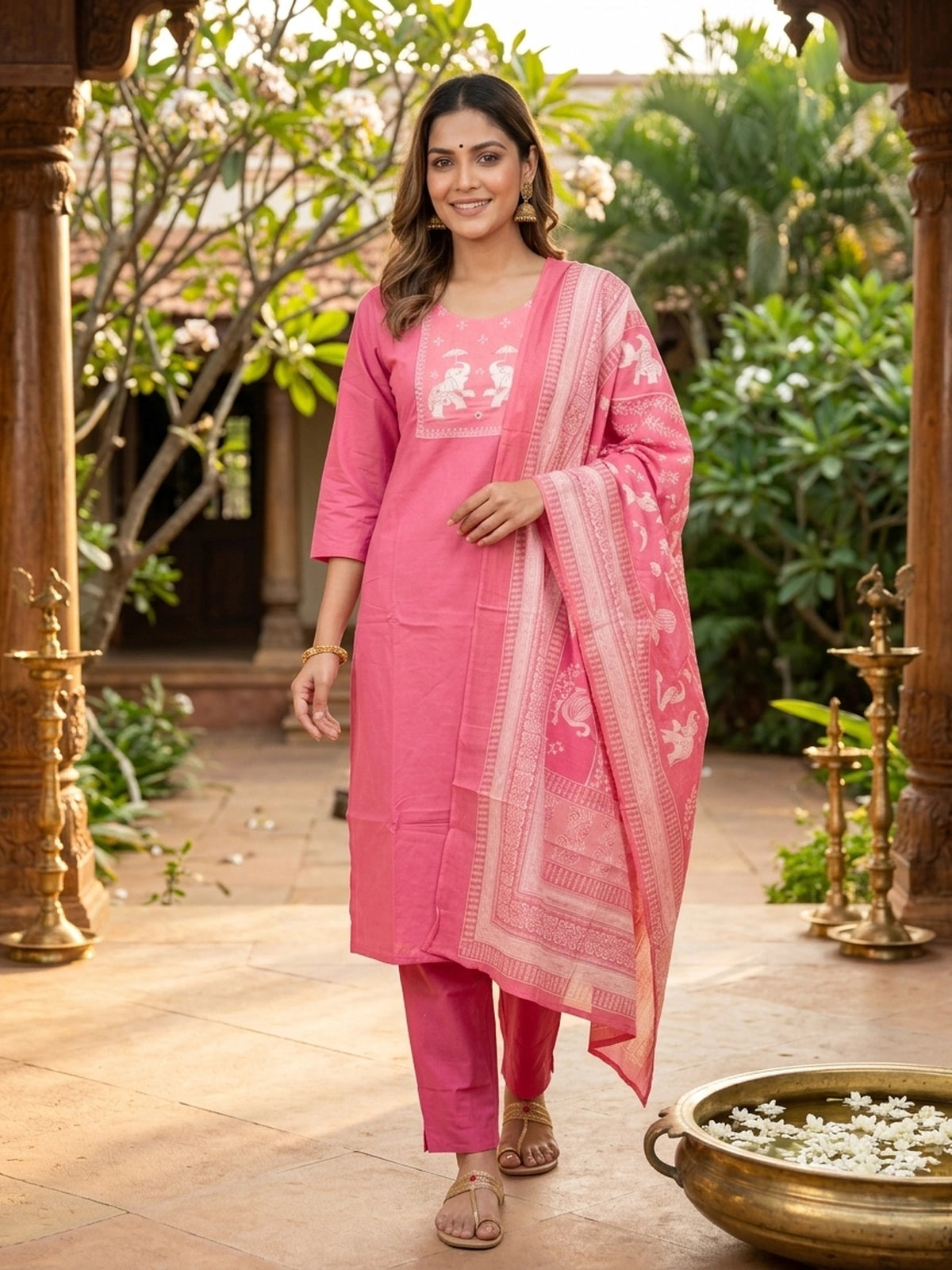 Pink Cotton Elephant Motif Embroidered Straight Cut Kurti Set