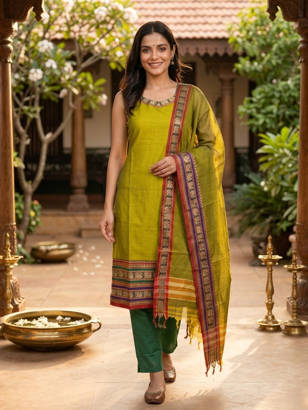 Mehndi Green Cotton Woven Border Straight Cut Kurti Set