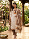 Beige with Brown Dupatta Tussar Silk Embroidered Straight Cut Kurti Set