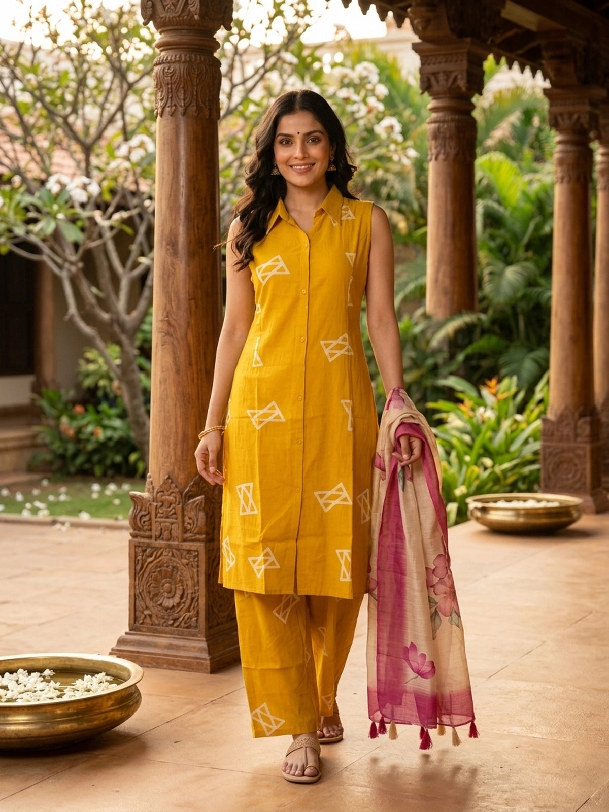 Mustard Yellow Geometric Print Cotton Co-ord Set Kurti Set