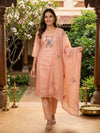 Peach Kota Doria Floral Beadwork Straight Cut Kurti Set