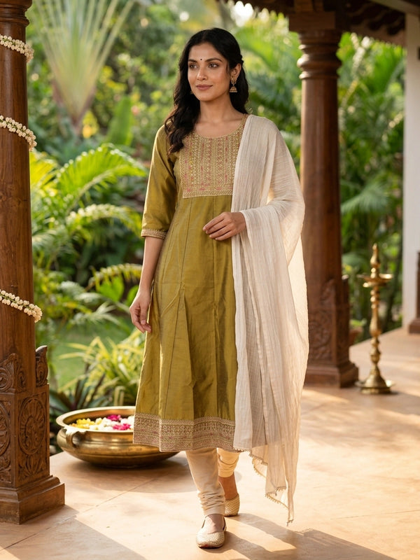 Mehendi Green art silk embroidered Anarkali kurti top with multicolour Zari yoke work