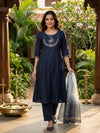 Navy Blue Zari Embroidered Cotton A-Line Anarkali Kurti Set