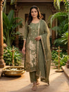 Olive Green Zari Floral Silk Straight Cut Kurti Set