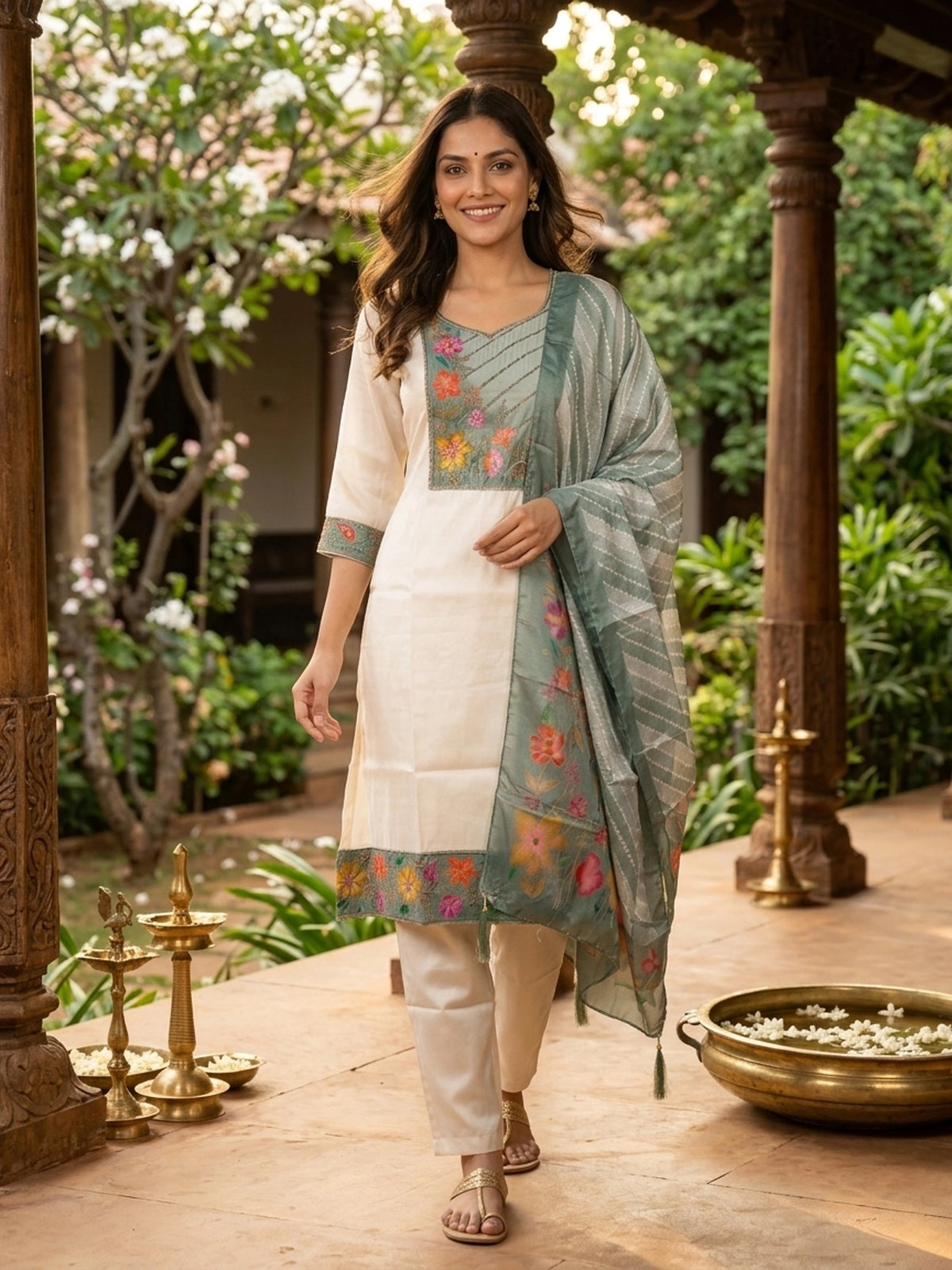 Off-White silk blend straight cut kurti set with sage green floral hand-painted embroidered yoke and matching dupatta