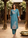 Teal Cotton Peacock Kantha Embroidered Co-ord Set Kurti Set
