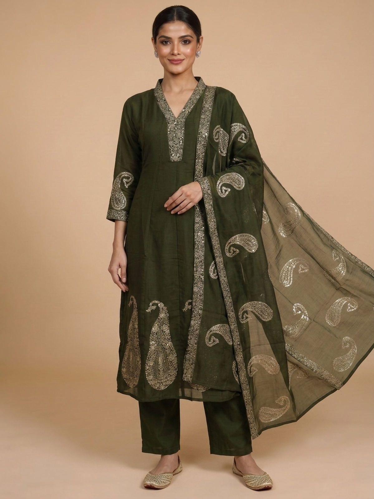 Olive green A-line kurti set with gold zari paisley embroidery, straight pants and matching dupatta