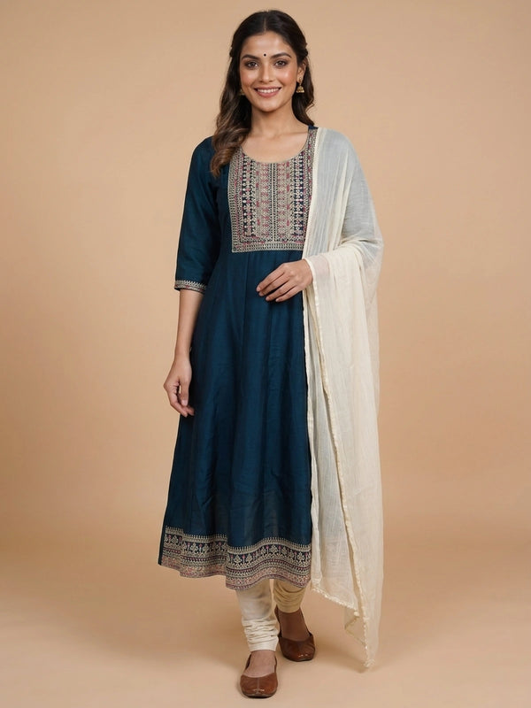 Teal Blue Embroidered Art Silk Anarkali Kurti Top with multicolour zari yoke