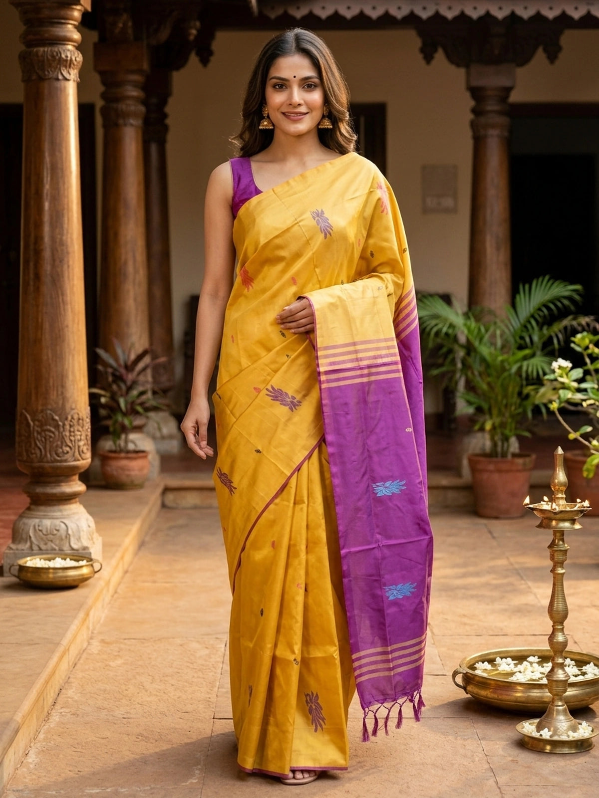 Mustard yellow banana silk saree with contrast magenta pallu, gold zari striped border and woven floral buttas