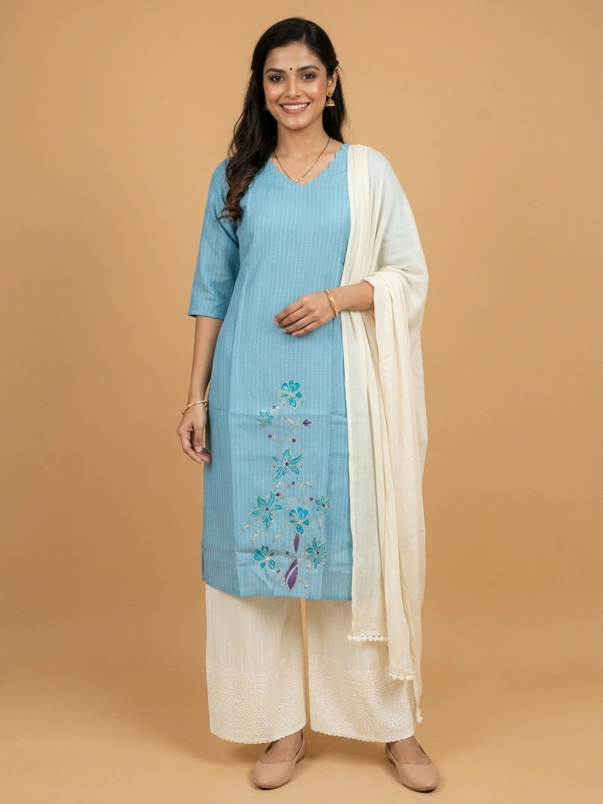 Sky Blue floral embroidered cotton Anarkali kurti top with teal and purple thread work
