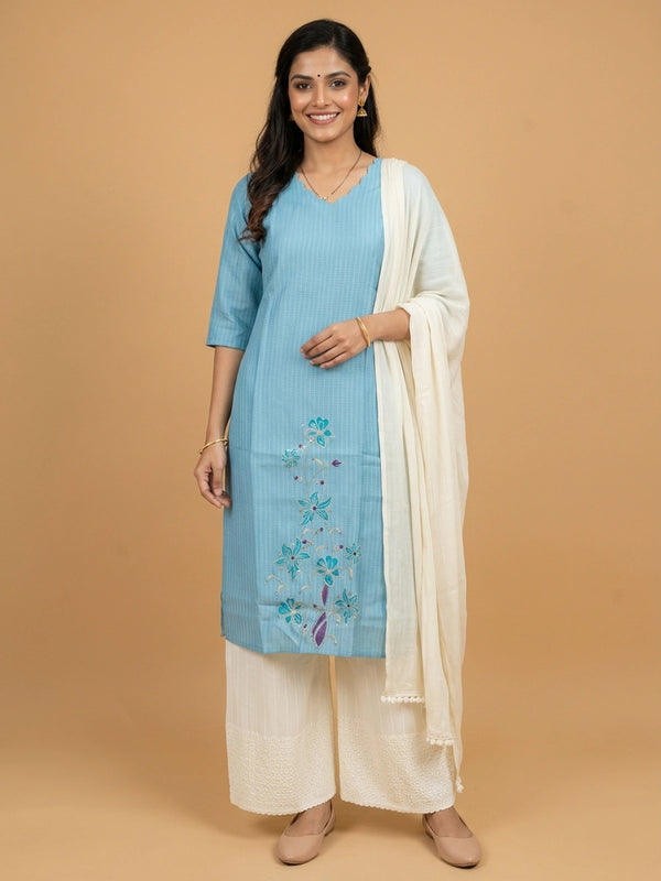 Sky Blue floral embroidered cotton Anarkali kurti top with teal and purple thread work
