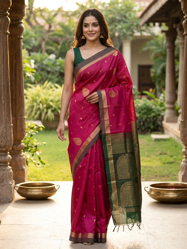 Pink pure silk cotton saree with gold zari buttas and contrast green zari border and pallu