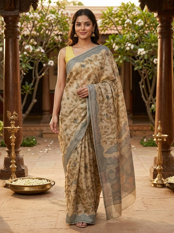 Beige linen cotton saree with kalamkari floral-bird print, grey-green contrast border and deer-motif pallu
