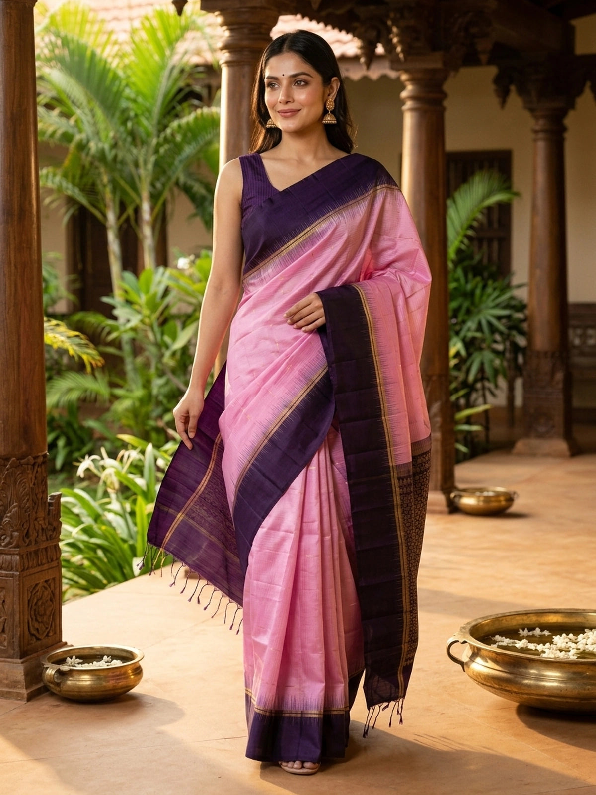Pink pure soft silk saree with dark purple contrast temple zari border and gold zari brocade pallu