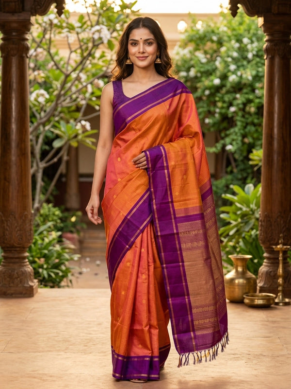 Orange and purple pure Kanchipuram silk saree with gold zari border and traditional motif pallu