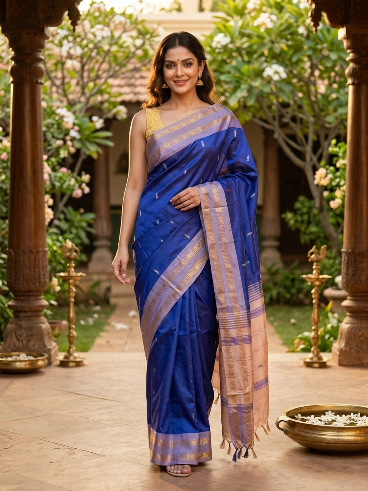 Royal Blue and Beige Banana Silk Sarees