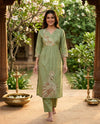 Sage Green Cotton Kantha Peacock Embroidered Co-ord Set Kurti Set