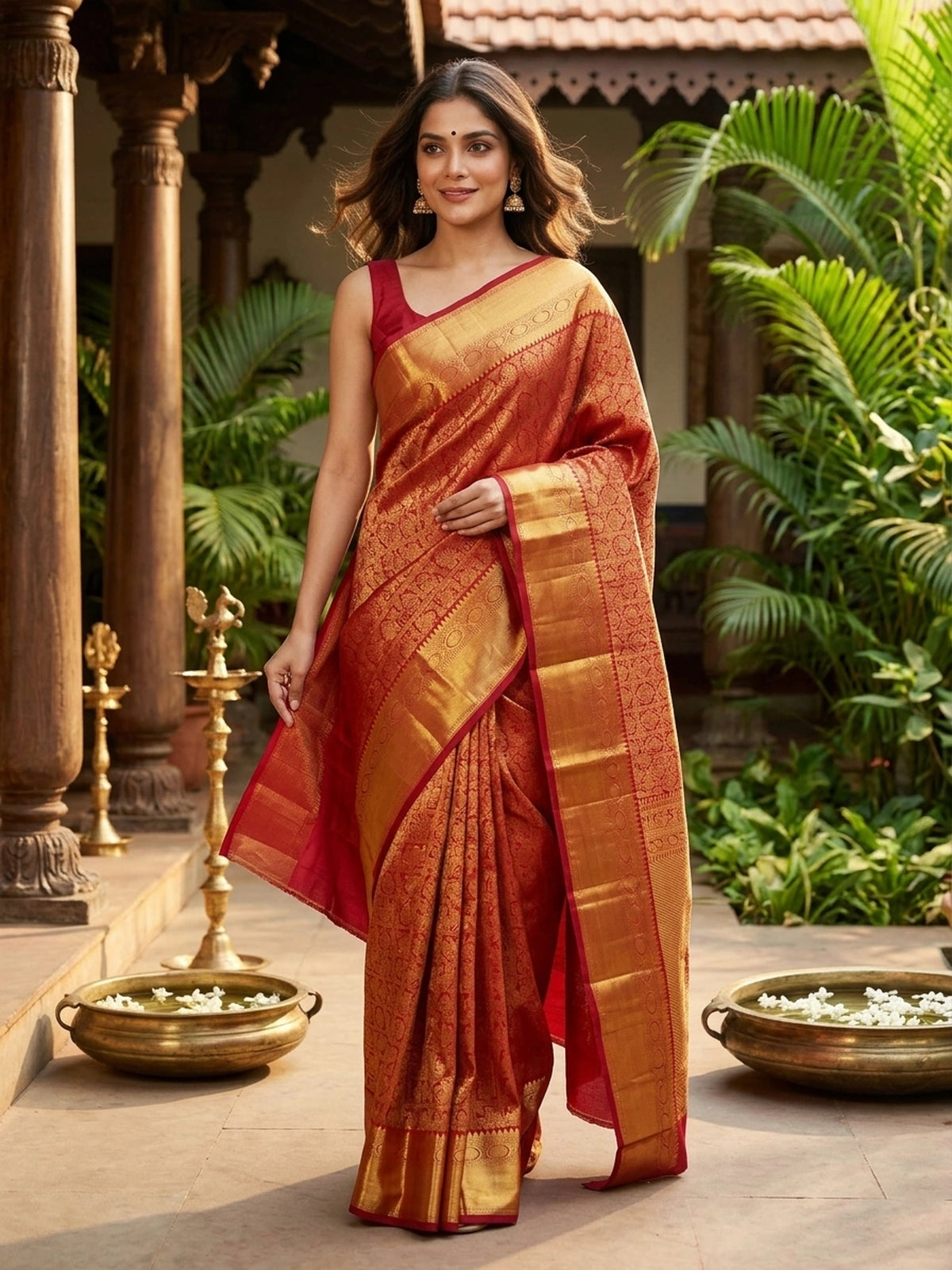 Red pure Kanchipuram silk saree with all-over gold zari brocade and wide contrast gold border