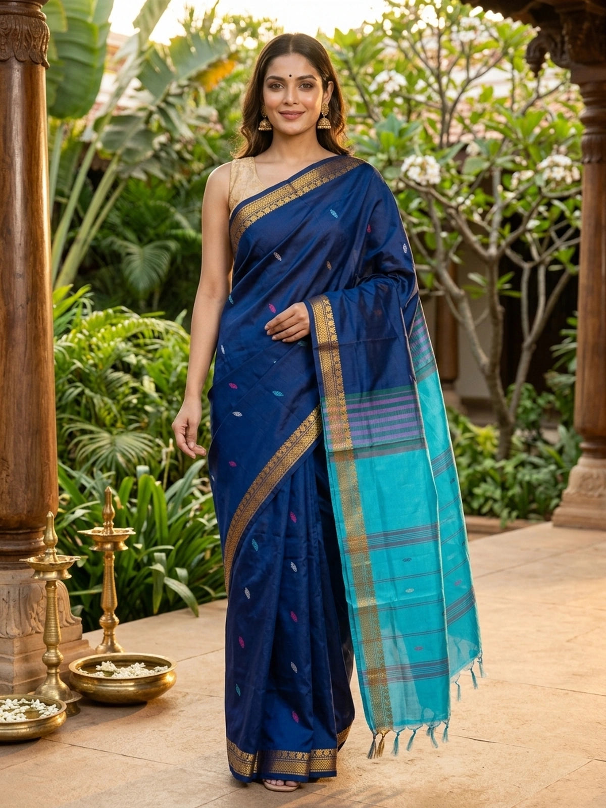 Navy blue Banana Silk saree with gold zari border, multicoloured buttis and contrast turquoise striped pallu