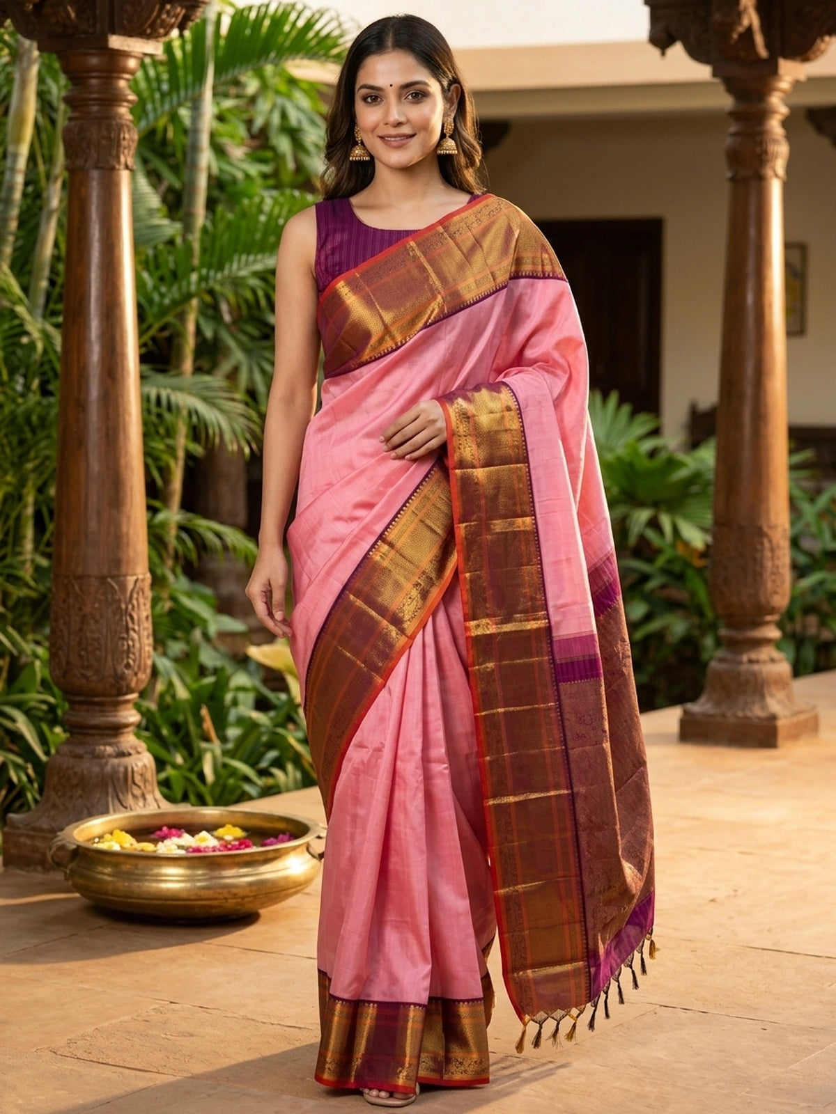 Pink and Maroon Pure Kanchipuram Silk Saree