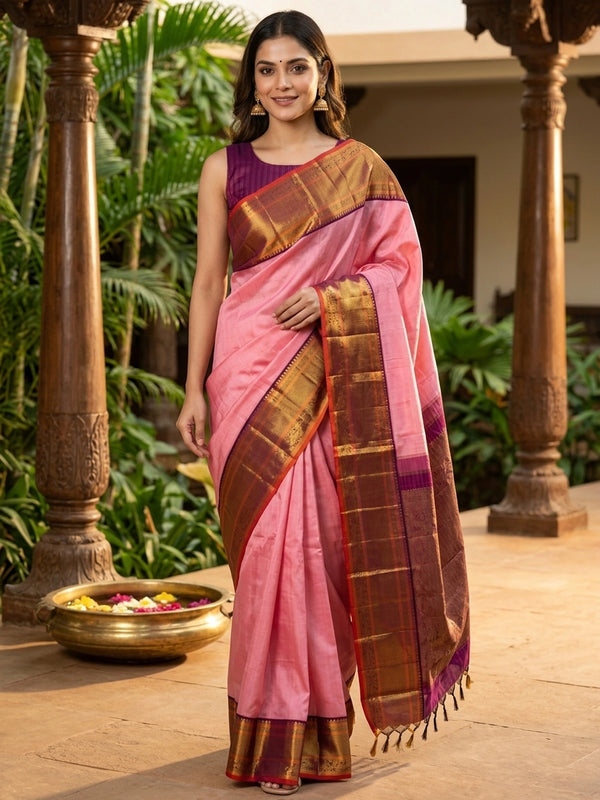 Pink and maroon pure Kanchipuram silk saree with gold zari contrast border and pallu