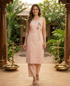 Peach Striped Cotton Floral Embroidered Straight Cut Kurti Set