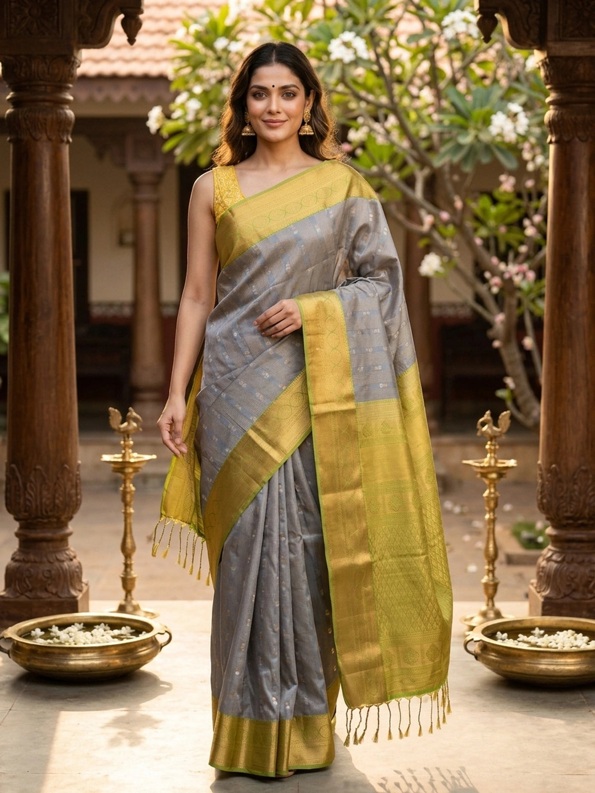 Grey Kanchipuram fancy silk saree with lime green and gold contrast zari border and buttas