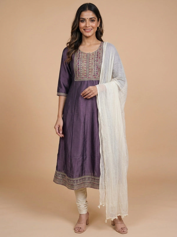 Dusty Purple silk blend embroidered Anarkali kurti top with ornate yoke and hem border