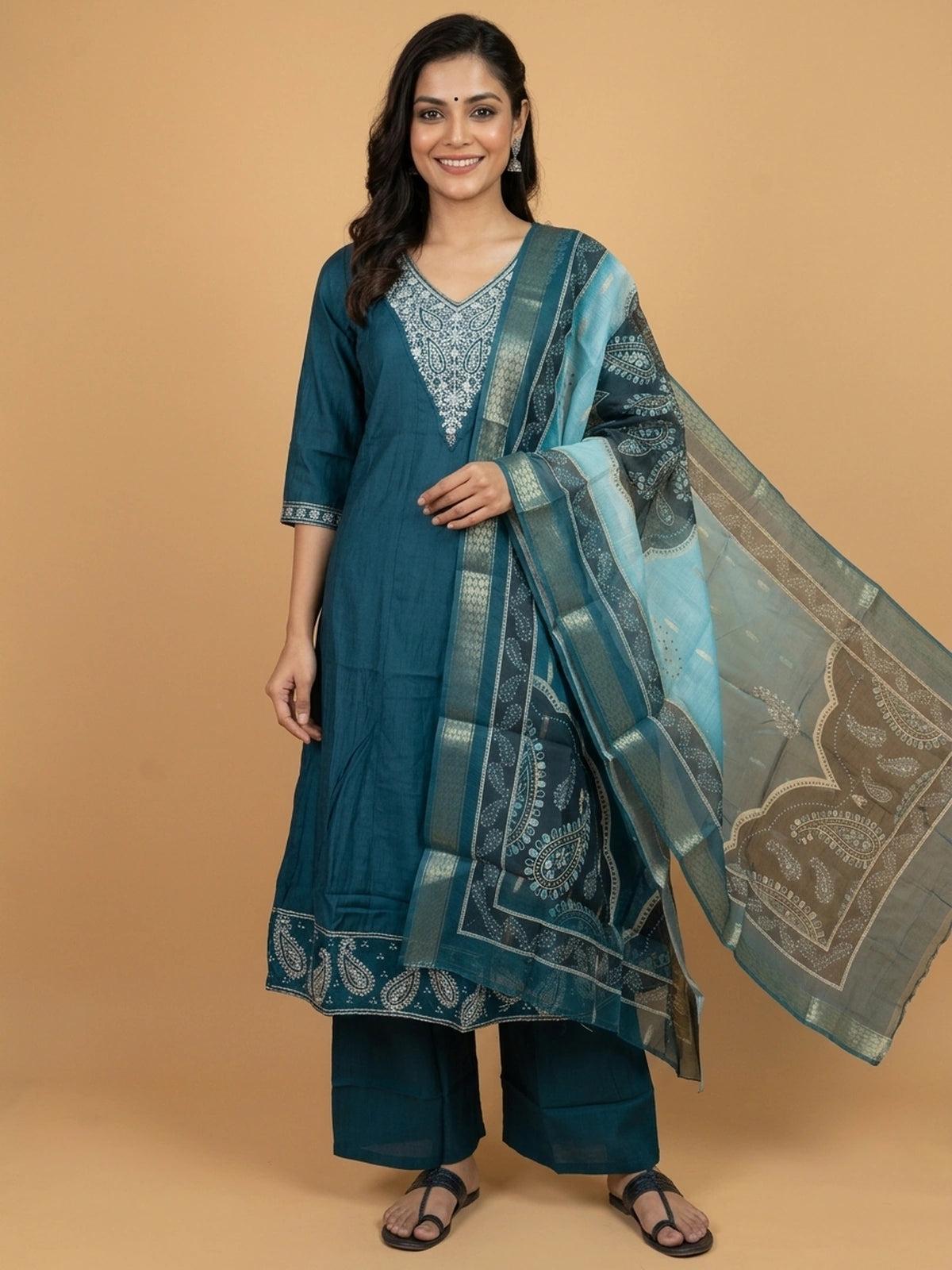 Teal cotton silk paisley embroidered A-Line kurti set with printed dupatta and matching pants