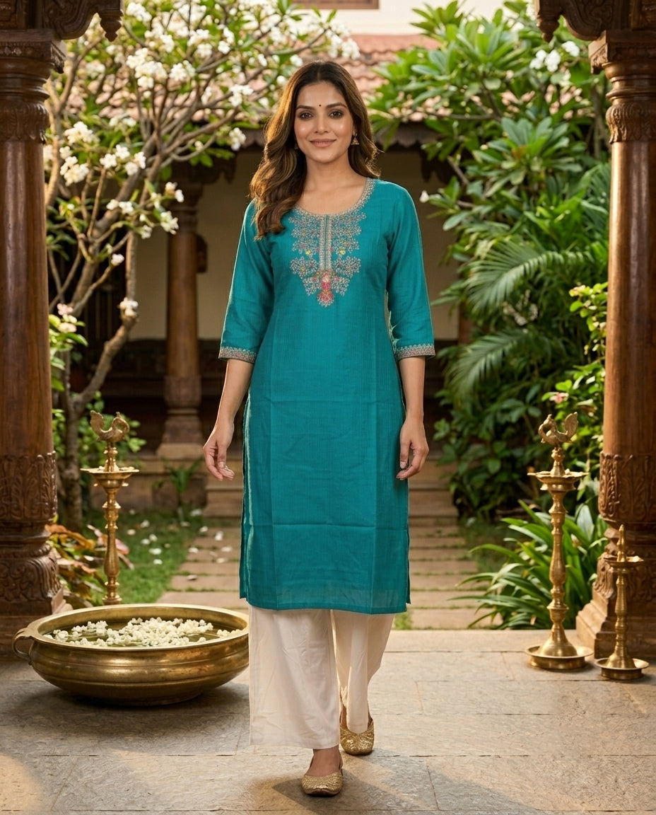 Teal Embroidered Cotton Blend Straight Cut Top
