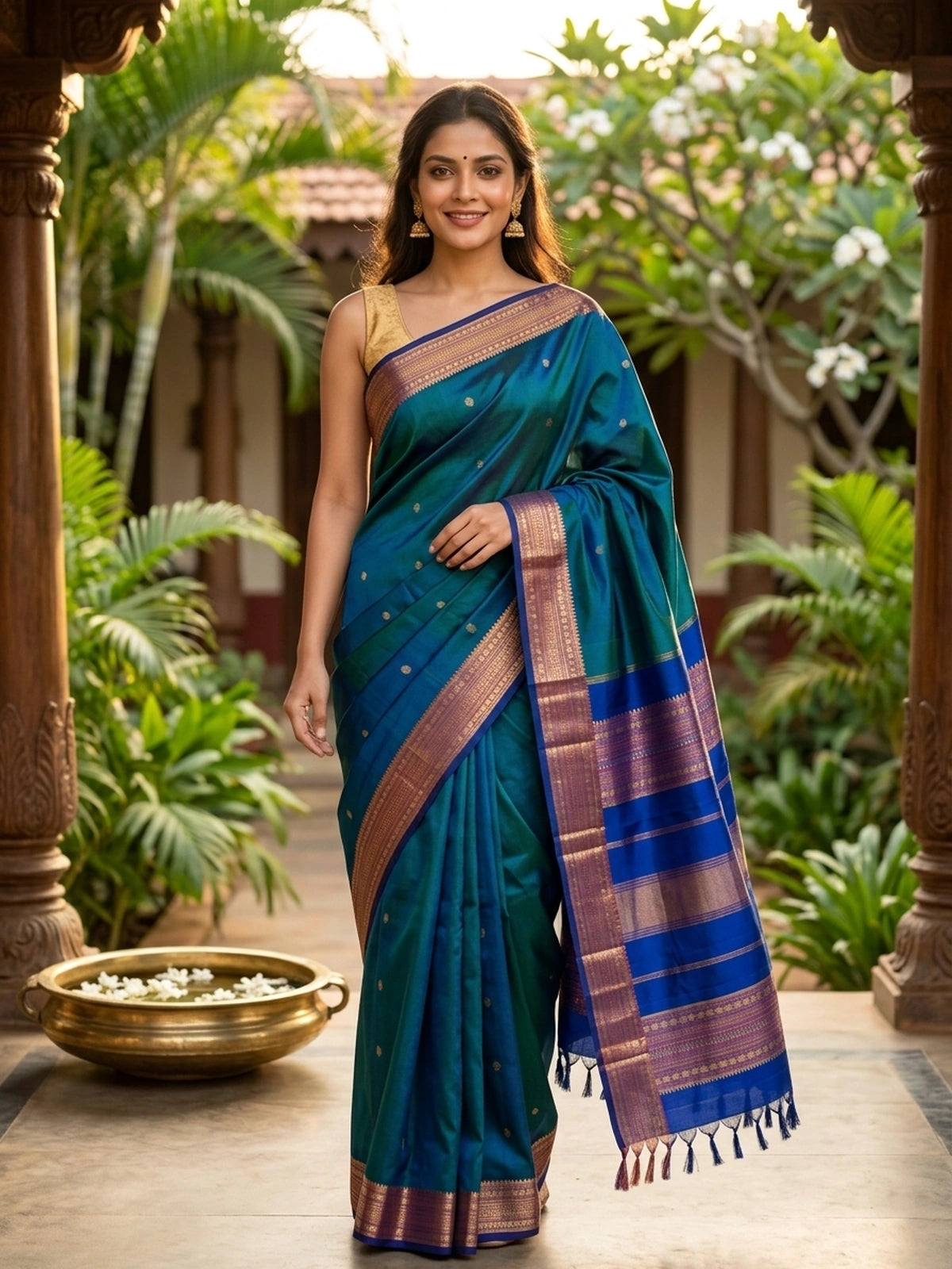 Peacock teal pure Kanchipuram silk saree with contrast royal blue gold zari border and woven pallu