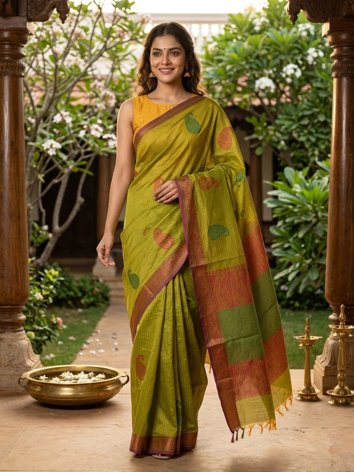 Mehndi green semi raw silk saree with paisley and elephant motifs, contrast maroon border and banded pallu