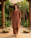 Rust Brown Cotton Embroidered Straight Cut Kurti Set