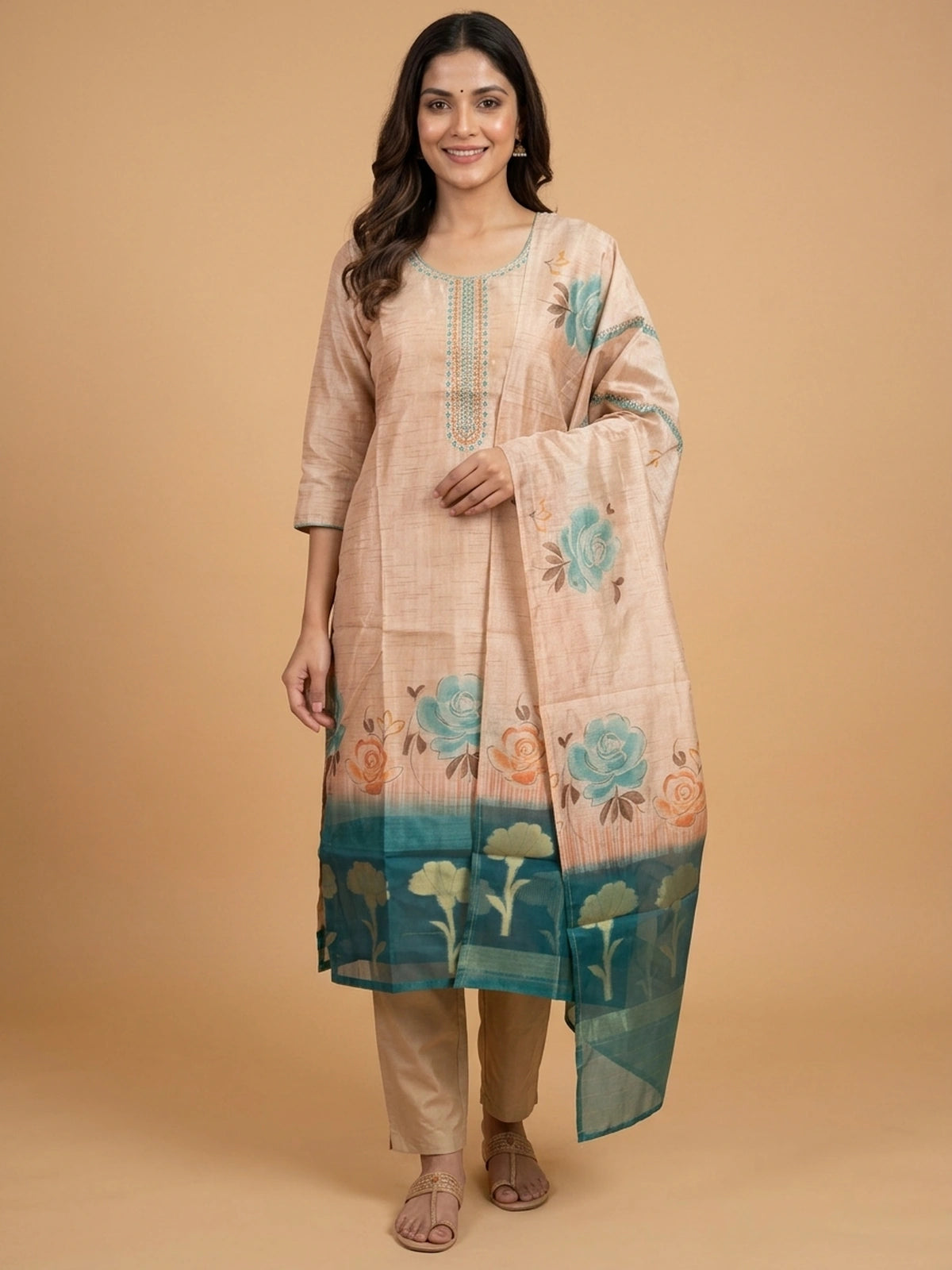 Beige floral raw silk straight cut kurti set with mirror work neckline, teal border and matching dupatta